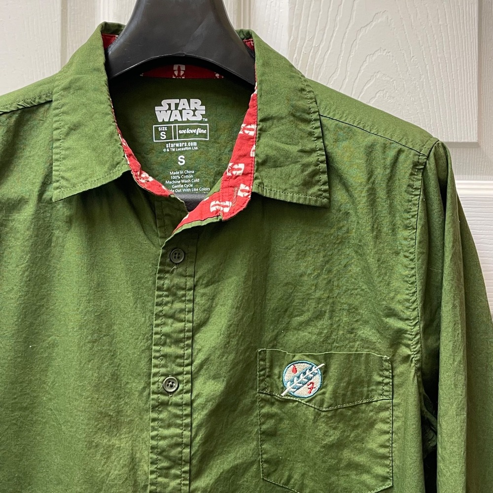 We Love Fine Star Wars Men's Small Green Boba Fett Button Up Shirt Embroidered